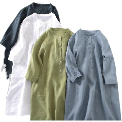 <br>シャツワンピース ガーゼ レディース ロングワンピース 綿麻ワンピ 七分袖 シンプル 体型カバー マキシ丈 ゆるっと ミモレ 無地 春 夏 カジュアル 綿麻 ナチュラル プレゼント 大人可愛い 黒 白 送料無料 30代 40代 50代