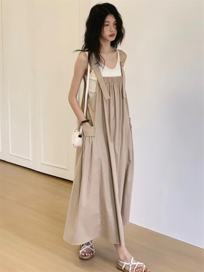 <br>オールインワン サロペット キャミワンピ レディース スカート 楽ちん 体型カバー ボトムス 春夏 綿混 マタニティ ワンピース きれいめ オフィス 仕事 ゆったり キャミワンピース 着痩せ 大きいサイズ カジュアル 送料無料 女性 通勤 脚長効果