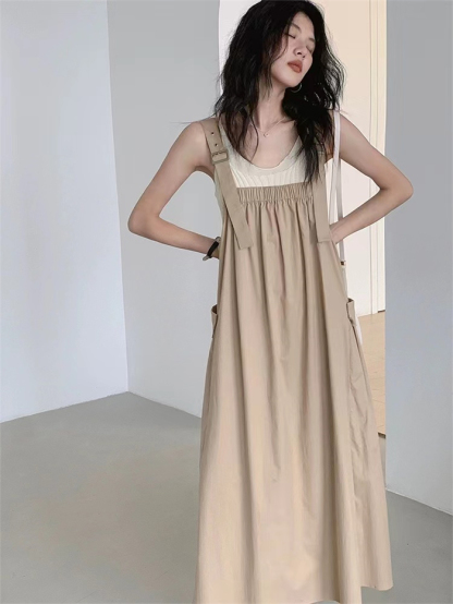 <br>オールインワン サロペット キャミワンピ レディース スカート 楽ちん 体型カバー ボトムス 春夏 綿混 マタニティ ワンピース きれいめ オフィス 仕事 ゆったり キャミワンピース 着痩せ 大きいサイズ カジュアル 送料無料 女性 通勤 脚長効果