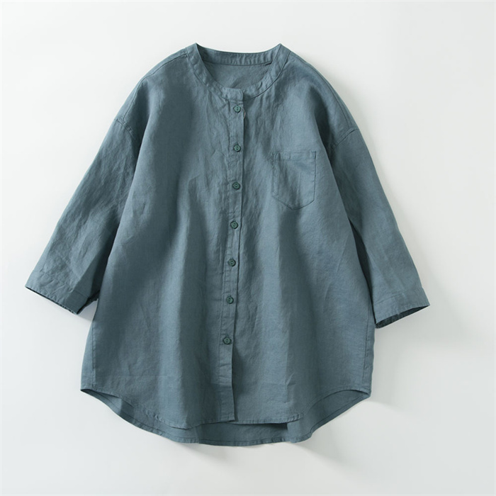 シャツ ブラウス レディース 七分袖 ガーゼシャツ 綿麻 ノーカラー おしゃれ 夏 コットン 柔らか ダブルガーゼ 半袖シャツ トップス 春 夏 秋 冬 ビッグシルエット 大きいサイズ 通勤 OL 柔らか ゆったり 大人可愛い 秋 送料無料