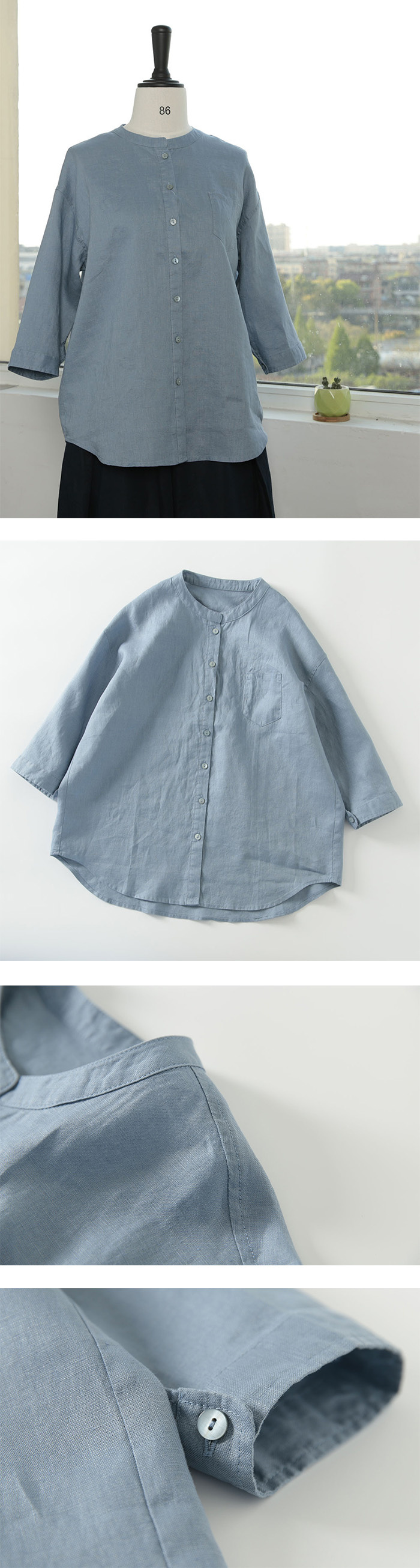 シャツ ブラウス レディース 七分袖 ガーゼシャツ 綿麻 ノーカラー おしゃれ 夏 コットン 柔らか ダブルガーゼ 半袖シャツ トップス 春 夏 秋 冬 ビッグシルエット 大きいサイズ 通勤 OL 柔らか ゆったり 大人可愛い 秋 送料無料