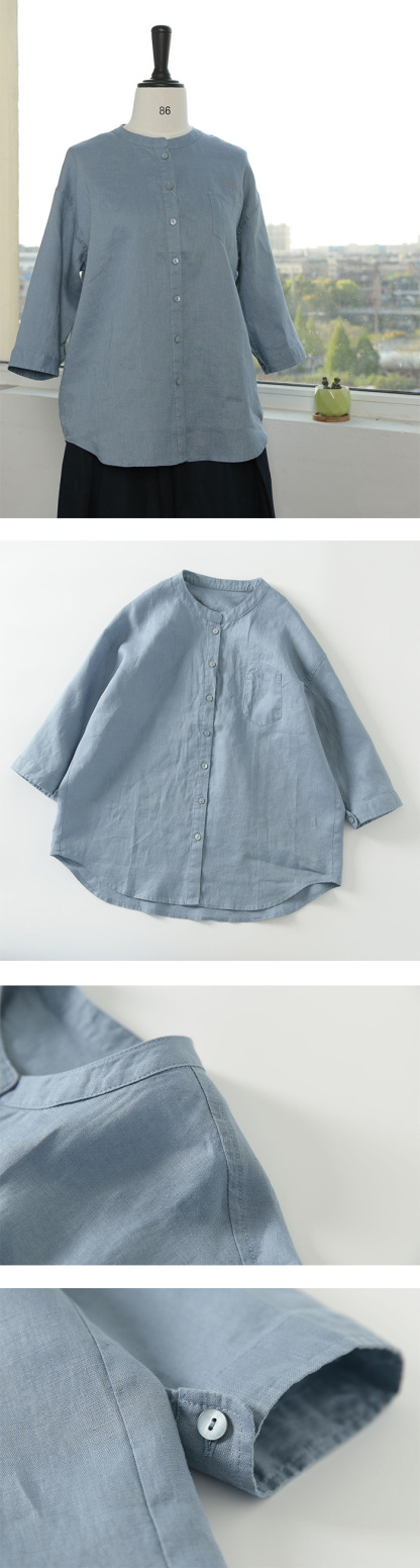 シャツ ブラウス レディース 七分袖 ガーゼシャツ 綿麻 ノーカラー おしゃれ 夏 コットン 柔らか ダブルガーゼ 半袖シャツ トップス 春 夏 秋 冬 ビッグシルエット 大きいサイズ 通勤 OL 柔らか ゆったり 大人可愛い 秋 送料無料