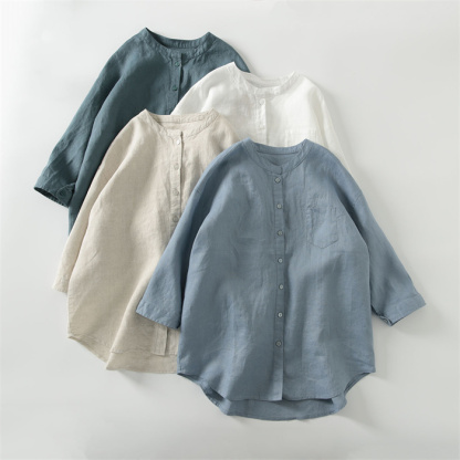<br>シャツ ブラウス レディース 七分袖 ガーゼシャツ 綿麻 ノーカラー おしゃれ 夏 コットン 柔らか ダブルガーゼ 半袖シャツ トップス 春 夏 秋 冬 ビッグシルエット 大きいサイズ 通勤 OL 柔らか ゆったり 大人可愛い 秋 送料無料