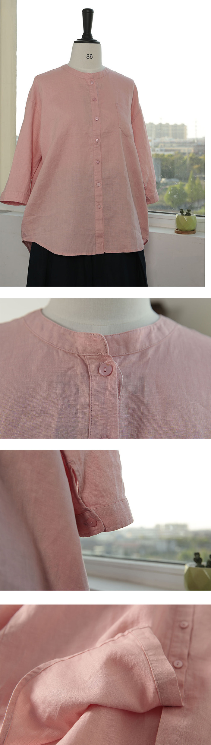 シャツ ブラウス レディース 七分袖 ガーゼシャツ 綿麻 ノーカラー おしゃれ 夏 コットン 柔らか ダブルガーゼ 半袖シャツ トップス 春 夏 秋 冬 ビッグシルエット 大きいサイズ 通勤 OL 柔らか ゆったり 大人可愛い 秋 送料無料