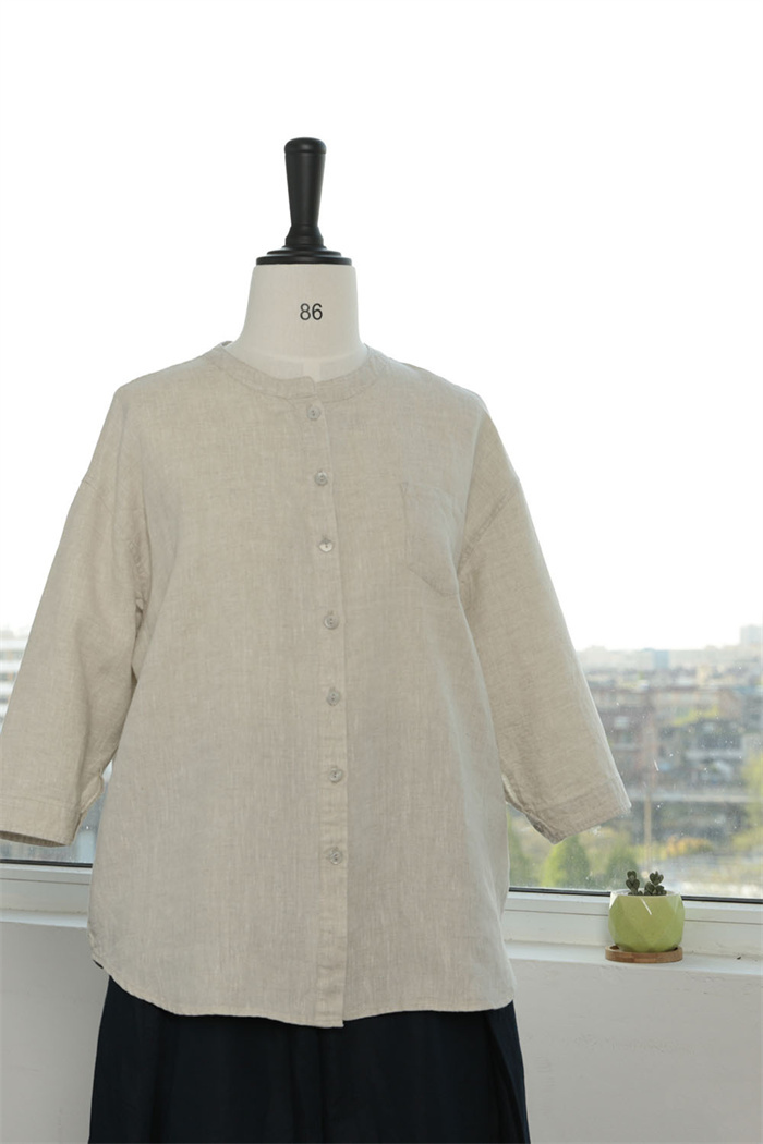 シャツ ブラウス レディース 七分袖 ガーゼシャツ 綿麻 ノーカラー おしゃれ 夏 コットン 柔らか ダブルガーゼ 半袖シャツ トップス 春 夏 秋 冬 ビッグシルエット 大きいサイズ 通勤 OL 柔らか ゆったり 大人可愛い 秋 送料無料