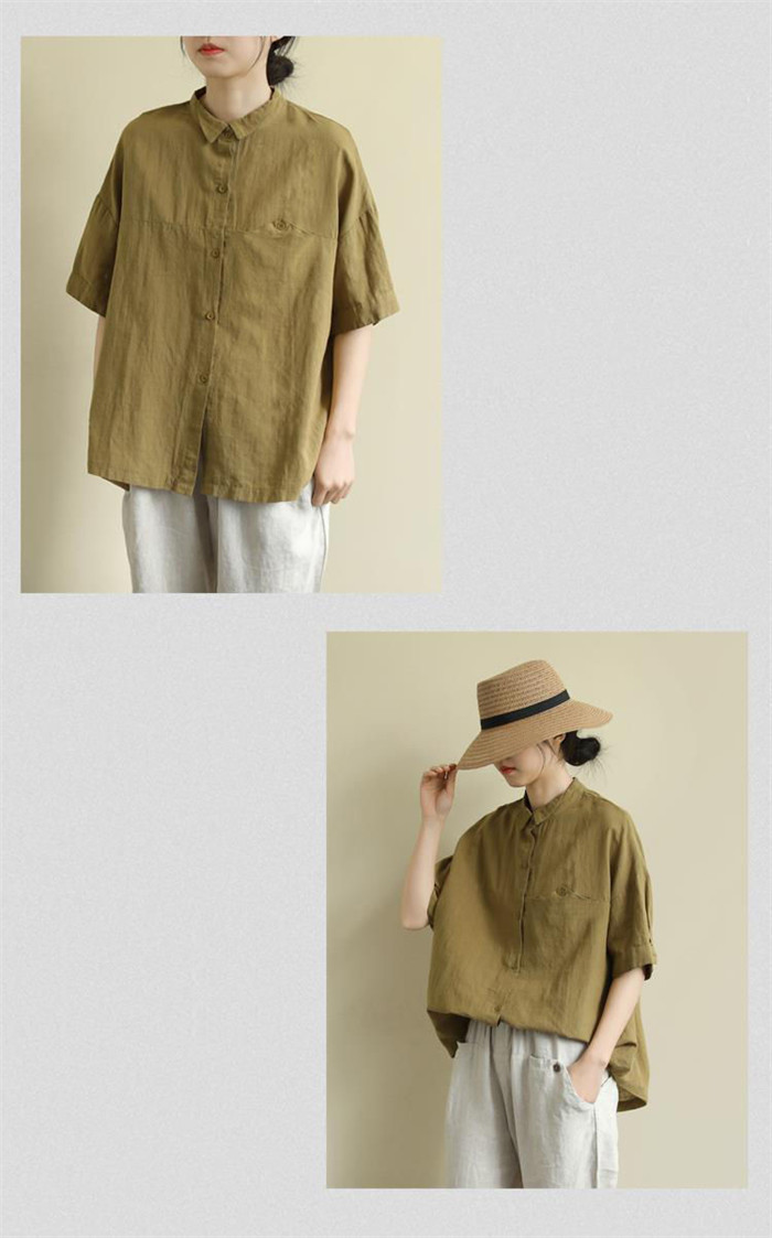リネン シャツ ブラウス レディース 半袖 シャツブラウス 綿麻ブラウス スタンドカラー リネンシャツ トップス コットンリネン 着心地 柔らかい おしゃれ 夏 柔らか 半袖シャツ トップス 無地 春 夏 秋 ゆったり 大人可愛い 送料無料