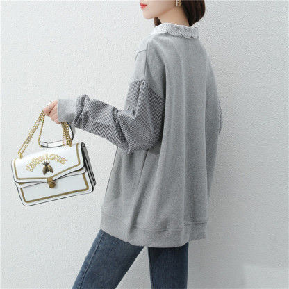 <br>シャツ ブラウス トレーナー 異素材 パッチワーク チェック レディース 綿麻混 トップス リネン 長袖 ナチュラル 着痩せ ゆったり 体型カバー カジュアル Ｖネック春 夏 秋 ビッグシルエット 柔らか ゆったり 大人可愛い 秋 送料無料