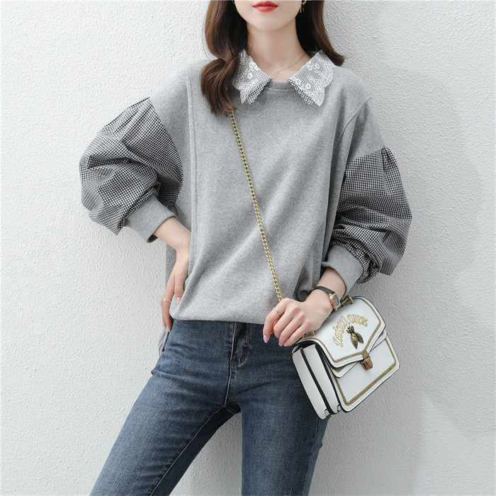 <br>シャツ ブラウス トレーナー 異素材 パッチワーク チェック レディース 綿麻混 トップス リネン 長袖 ナチュラル 着痩せ ゆったり 体型カバー カジュアル Ｖネック春 夏 秋 ビッグシルエット 柔らか ゆったり 大人可愛い 秋 送料無料