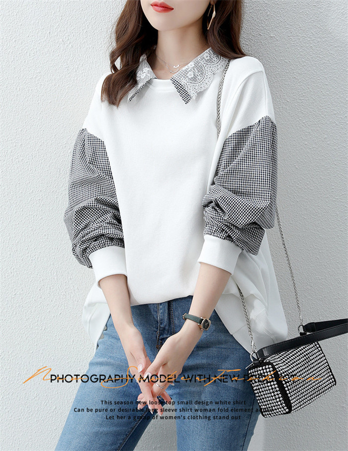 <br>シャツ ブラウス トレーナー 異素材 パッチワーク チェック レディース 綿麻混 トップス リネン 長袖 ナチュラル 着痩せ ゆったり 体型カバー カジュアル Ｖネック春 夏 秋 ビッグシルエット 柔らか ゆったり 大人可愛い 秋 送料無料