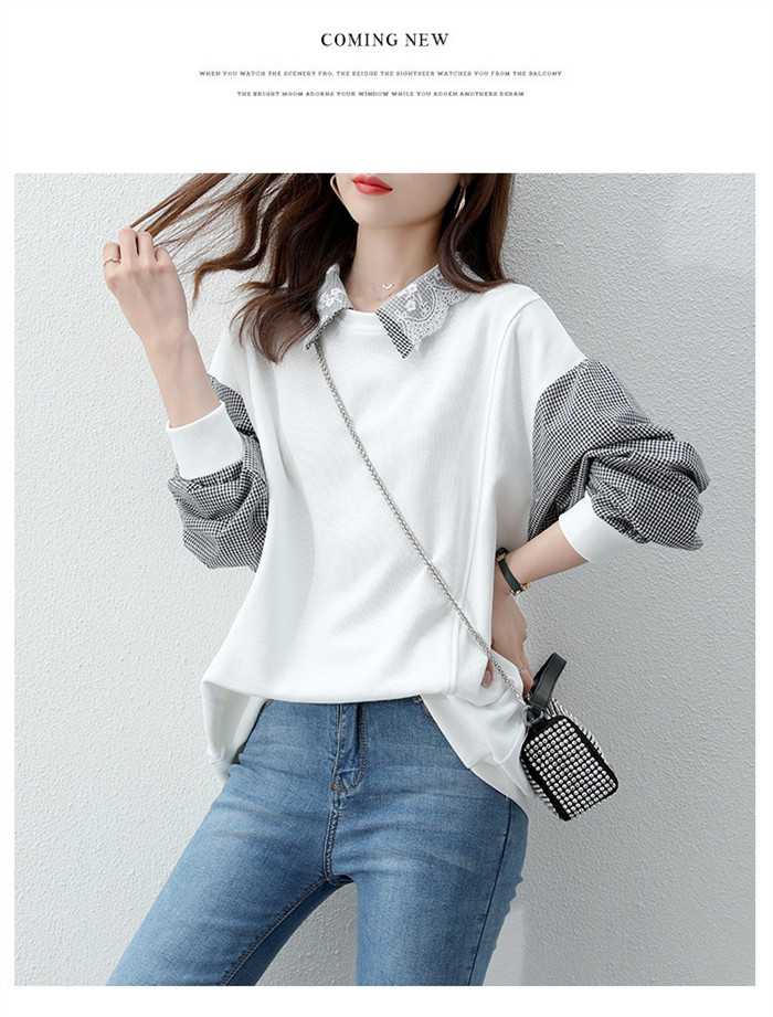 <br>シャツ ブラウス トレーナー 異素材 パッチワーク チェック レディース 綿麻混 トップス リネン 長袖 ナチュラル 着痩せ ゆったり 体型カバー カジュアル Ｖネック春 夏 秋 ビッグシルエット 柔らか ゆったり 大人可愛い 秋 送料無料