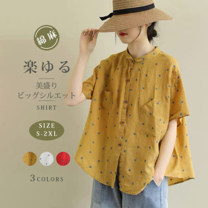 <br>リネン シャツ ブラウス レディース 半袖 ドット シャツブラウス 綿麻ブラウス スタンドカラー 