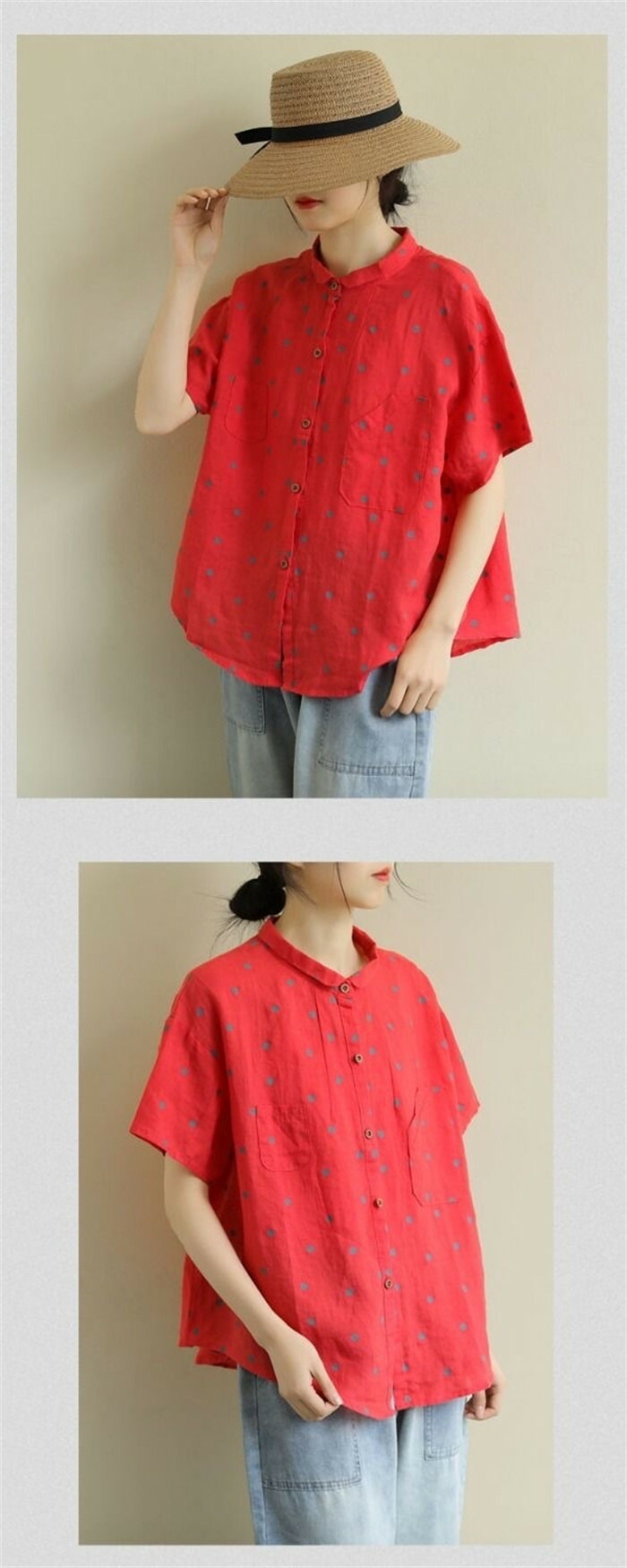 リネン シャツ ブラウス レディース 半袖 ドット シャツブラウス 綿麻ブラウス スタンドカラー リネンシャツ トップス コットンリネン 着心地 柔らかい おしゃれ 夏 柔らか 半袖シャツ