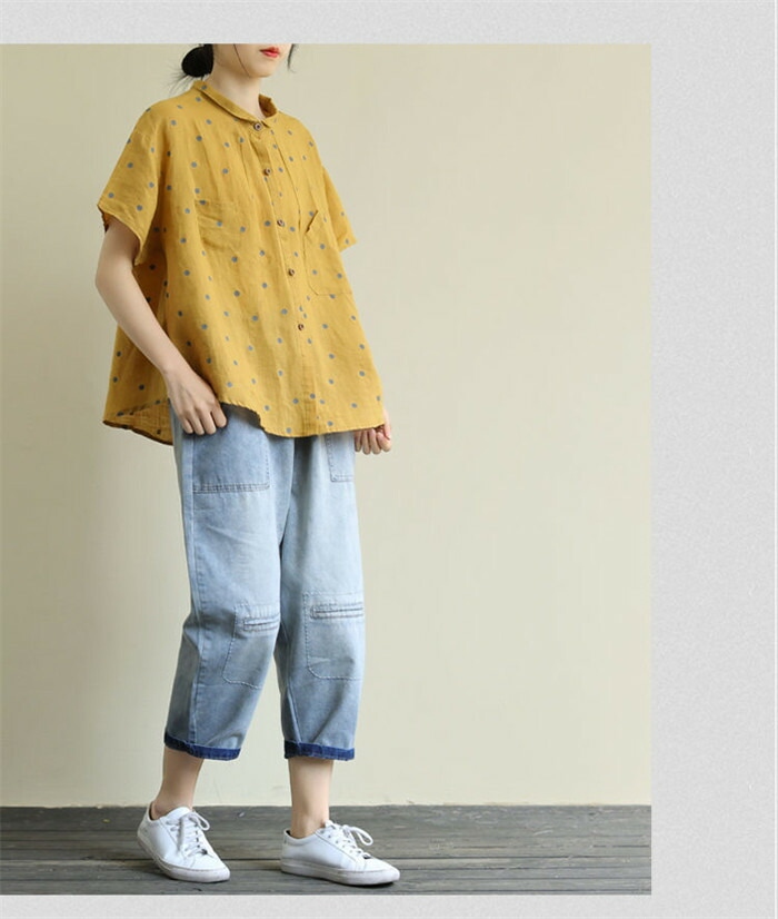リネン シャツ ブラウス レディース 半袖 ドット シャツブラウス 綿麻ブラウス スタンドカラー リネンシャツ トップス コットンリネン 着心地 柔らかい おしゃれ 夏 柔らか 半袖シャツ トップス