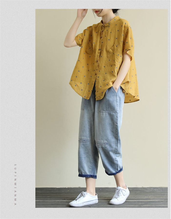 <br>リネン シャツ ブラウス レディース 半袖 ドット シャツブラウス 綿麻ブラウス スタンドカラー 