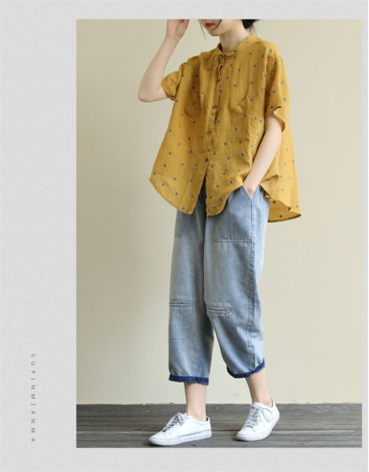 <br>リネン シャツ ブラウス レディース 半袖 ドット シャツブラウス 綿麻ブラウス スタンドカラー 