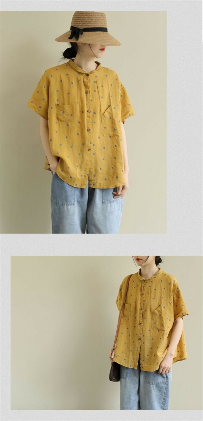 リネン シャツ ブラウス レディース 半袖 ドット シャツブラウス 綿麻ブラウス スタンドカラー リネンシャツ トップス コットンリネン 着心地 柔らかい おしゃれ 夏 柔らか 半袖シャツ トップス
