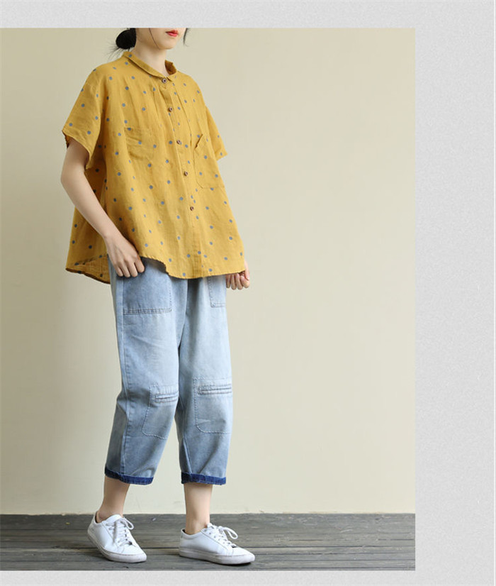 <br>リネン シャツ ブラウス レディース 半袖 ドット シャツブラウス 綿麻ブラウス スタンドカラー 