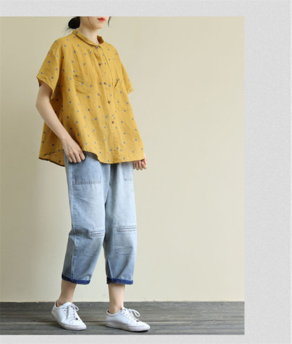<br>リネン シャツ ブラウス レディース 半袖 ドット シャツブラウス 綿麻ブラウス スタンドカラー 