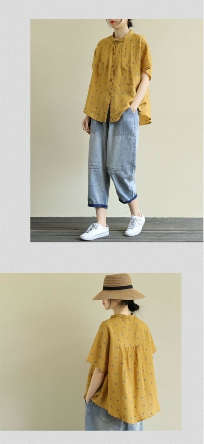 リネン シャツ ブラウス レディース 半袖 ドット シャツブラウス 綿麻ブラウス スタンドカラー リネンシャツ トップス コットンリネン 着心地 柔らかい おしゃれ 夏 柔らか 半袖シャツ