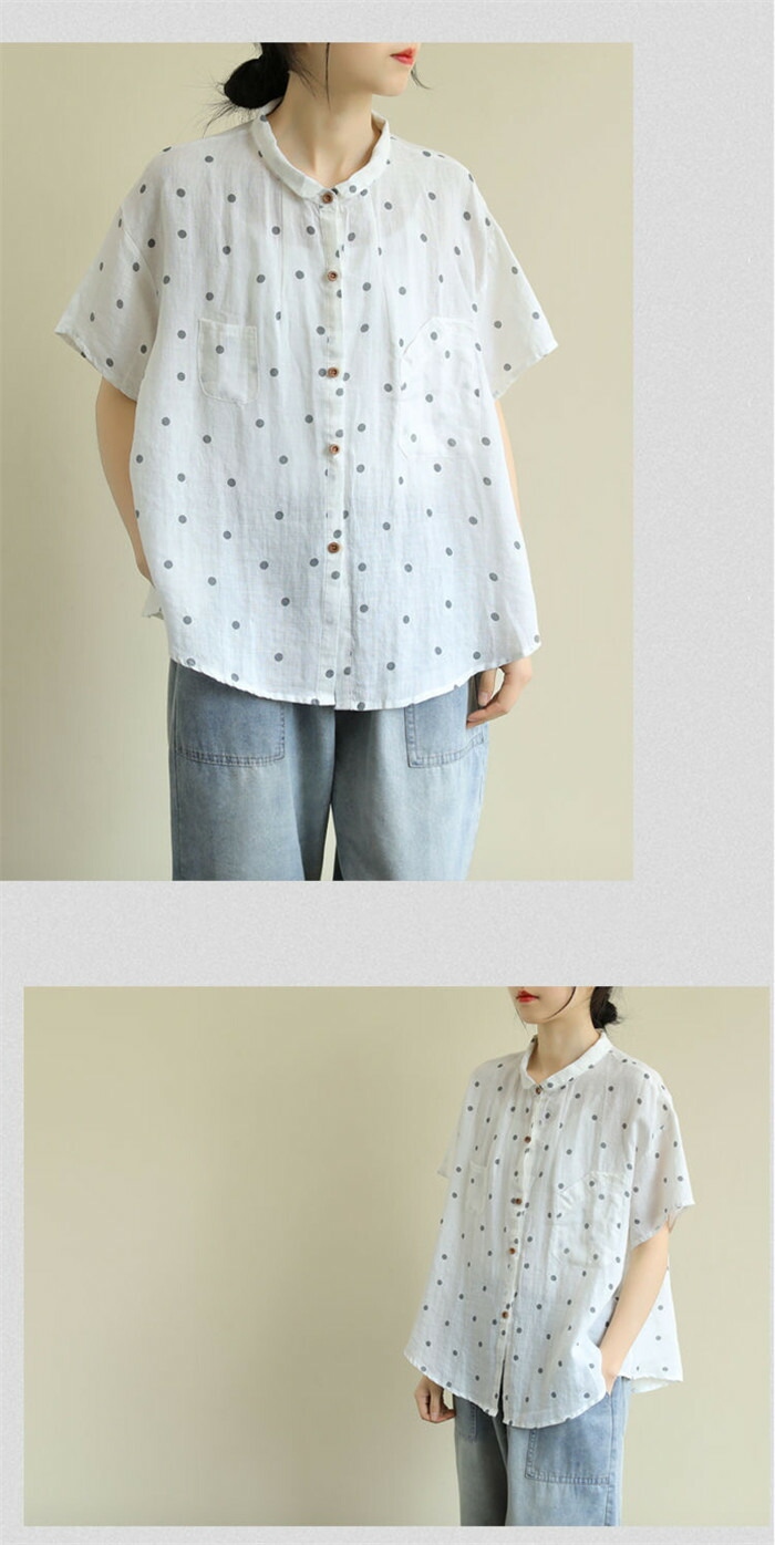 リネン シャツ ブラウス レディース 半袖 ドット シャツブラウス 綿麻ブラウス スタンドカラー リネンシャツ トップス コットンリネン 着心地 柔らかい おしゃれ 夏 柔らか 半袖シャツ