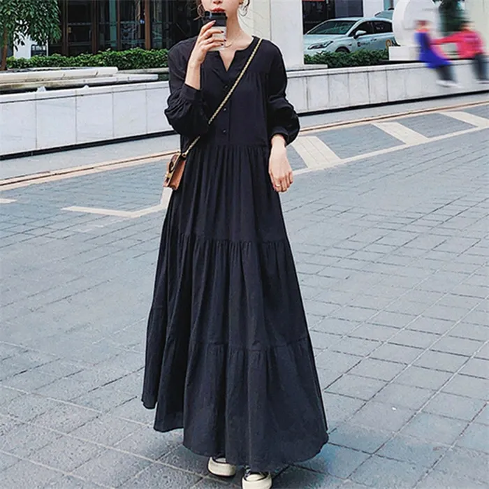 シャツワンピース ロング 長袖 秋 黒 大きいサイズ ティアード 春秋 レディース きれいめ ティアードワンピース 春 マキシ丈 無地 ロングワンピース ビッグシルエット ブラック ゆるっと カジュアル ゆったり 大人可愛い 着痩せ 送料無料