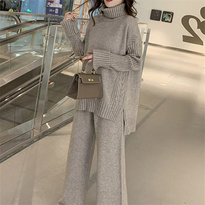 <br>セットアップ レディース 秋冬 40代 カジュアル 大きいサイズ ニット ニットセーター プルオーバー ワイドパンツプルオーバーセーター ニットセットアップ 長袖 ゆったり サイドスリット 厚手 タートルネック 無地 通勤 送料無料