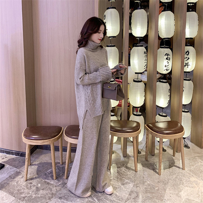 <br>セットアップ レディース 秋冬 40代 カジュアル 大きいサイズ ニット ニットセーター プルオーバー ワイドパンツプルオーバーセーター ニットセットアップ 長袖 ゆったり サイドスリット 厚手 タートルネック 無地 通勤 送料無料