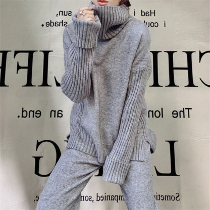 <br>セットアップ レディース 秋冬 40代 カジュアル 大きいサイズ ニット ニットセーター プルオーバー ワイドパンツプルオーバーセーター ニットセットアップ 長袖 ゆったり サイドスリット 厚手 タートルネック 無地 通勤 送料無料