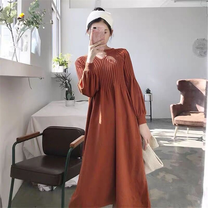 <br>ニットワンピース 秋冬 ぽわん袖 リブニットワンピース ニット ワンピース レディース Vネック 長袖 バルーンスリーブ ブラック きれいめ ハイウエストマタニティ プリーツ ロング丈 マキシ丈 体型カバー 送料無料