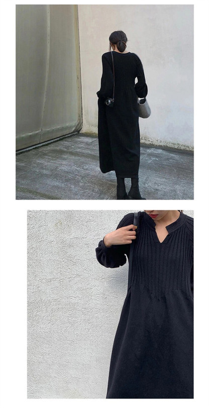 <br>ニットワンピース 秋冬 ぽわん袖 リブニットワンピース ニット ワンピース レディース Vネック 長袖 バルーンスリーブ ブラック きれいめ ハイウエストマタニティ プリーツ ロング丈 マキシ丈 体型カバー 送料無料