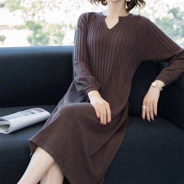 <br>ニットワンピース 秋冬 ぽわん袖 リブニットワンピース ニット ワンピース レディース Vネック 長袖 バルーンスリーブ ブラック きれいめ ハイウエストマタニティ プリーツ ロング丈 マキシ丈 体型カバー 送料無料