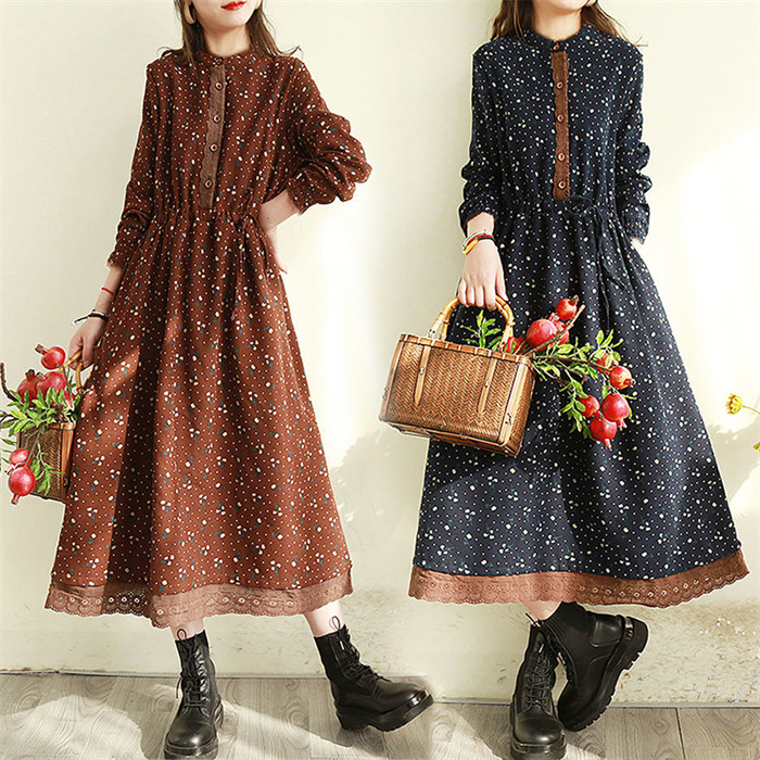<br>3色 ロングワンピース レディース ワンピース 長袖 ロング丈 裏起毛/裏起毛なし 綿 コットン 大きいサイズ 体型カバー ロングワンピ 総柄 花柄 ミモレ ゆったり カジュアル 大人 着痩せ 30代 40代 50代 冬 きれいめ 送料無料