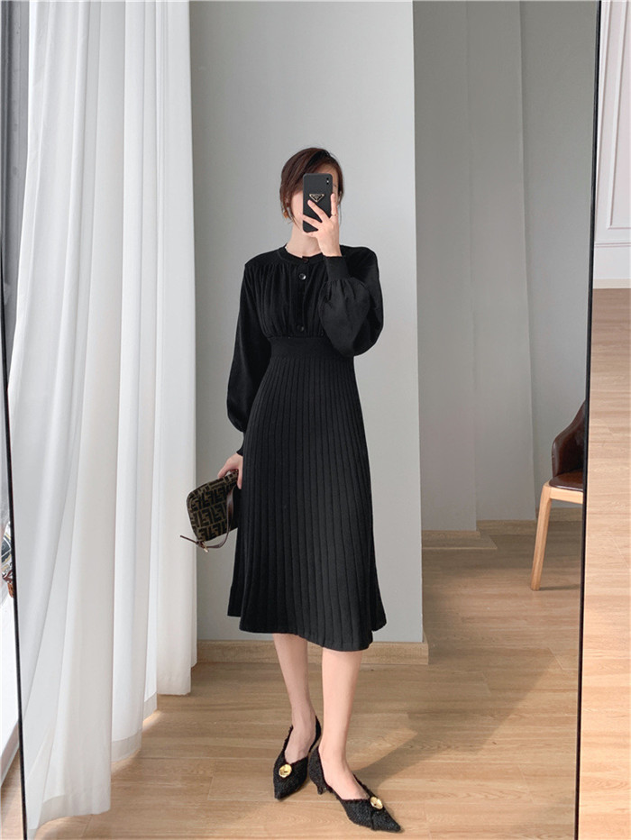 <br>ニットワンピース リブニットワンピース ワンピース レディース リブ ニットワンピ マキシ丈 ぽわん袖 Aライン きれいめ 上品 大人 ブラック 2023秋冬新作  秋冬 Vネック 長袖 きれいめ ハイウエスト プリーツ 体型カバー 送料無料