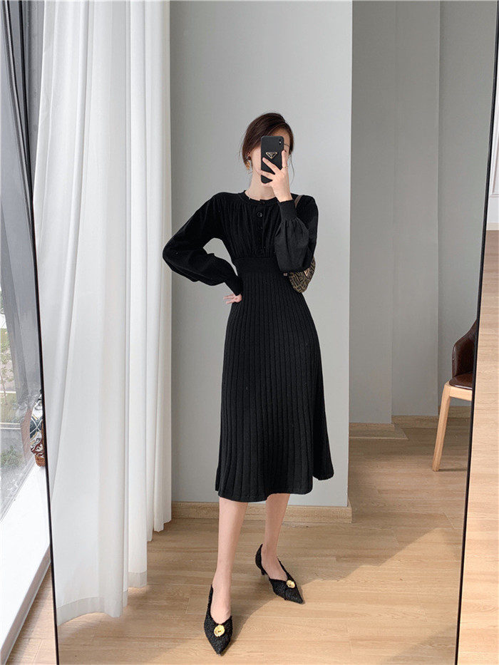 <br>ニットワンピース リブニットワンピース ワンピース レディース リブ ニットワンピ マキシ丈 ぽわん袖 Aライン きれいめ 上品 大人 ブラック 2023秋冬新作  秋冬 Vネック 長袖 きれいめ ハイウエスト プリーツ 体型カバー 送料無料