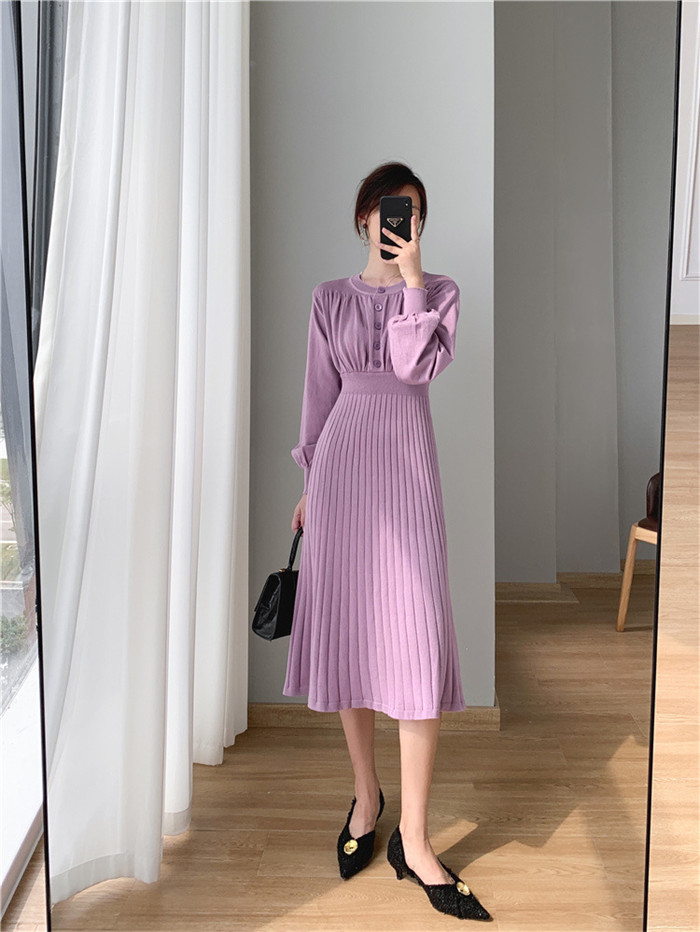 <br>ニットワンピース リブニットワンピース ワンピース レディース リブ ニットワンピ マキシ丈 ぽわん袖 Aライン きれいめ 上品 大人 ブラック 2023秋冬新作  秋冬 Vネック 長袖 きれいめ ハイウエスト プリーツ 体型カバー 送料無料