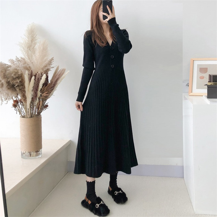 <br>ニットワンピース リブニットワンピース ワンピース レディース リブ ニットワンピ マキシ丈 ボタン Aライン きれいめ 上品 大人 ブラック 2023秋冬新作  秋冬 Vネック 長袖 ブラック きれいめ ハイウエスト プリーツ 体型カバー 送料無料