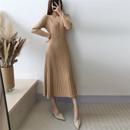 <br>ニットワンピース リブニットワンピース ワンピース レディース リブ ニットワンピ マキシ丈 ボタン Aライン きれいめ 上品 大人 ブラック 2023秋冬新作  秋冬 Vネック 長袖 ブラック きれいめ ハイウエスト プリーツ 体型カバー 送料無料