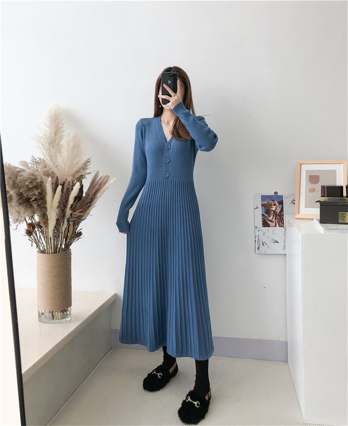 <br>ニットワンピース リブニットワンピース ワンピース レディース リブ ニットワンピ マキシ丈 ボタン Aライン きれいめ 上品 大人 ブラック 2023秋冬新作  秋冬 Vネック 長袖 ブラック きれいめ ハイウエスト プリーツ 体型カバー 送料無料