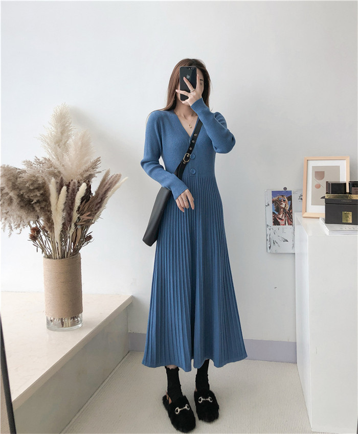 <br>ニットワンピース リブニットワンピース ワンピース レディース リブ ニットワンピ マキシ丈 ボタン Aライン きれいめ 上品 大人 ブラック 2023秋冬新作  秋冬 Vネック 長袖 ブラック きれいめ ハイウエスト プリーツ 体型カバー 送料無料