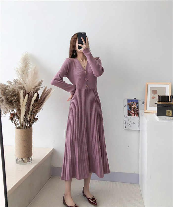 <br>ニットワンピース リブニットワンピース ワンピース レディース リブ ニットワンピ マキシ丈 ボタン Aライン きれいめ 上品 大人 ブラック 2023秋冬新作  秋冬 Vネック 長袖 ブラック きれいめ ハイウエスト プリーツ 体型カバー 送料無料