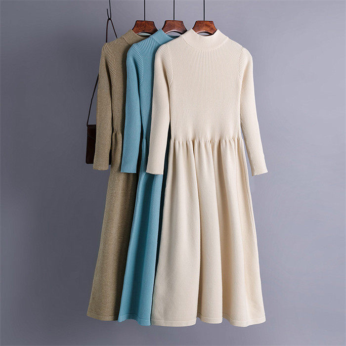 <br>ニットワンピース リブニットワンピース ワンピース レディース リブ ニットワンピ マキシ丈 ボタン Aライン きれいめ 上品 大人 ブラック 2023秋冬新作  秋冬 ハイネック 長袖 ブラック きれいめ ハイウエスト プリーツ 体型カバー 送料無料