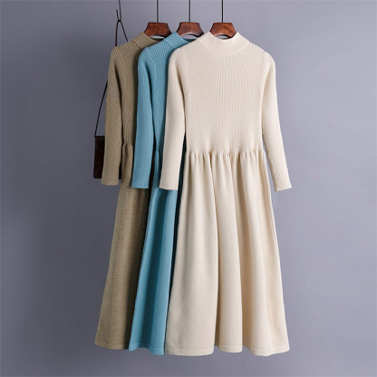 <br>ニットワンピース リブニットワンピース ワンピース レディース リブ ニットワンピ マキシ丈 ボタン Aライン きれいめ 上品 大人 ブラック 2023秋冬新作  秋冬 ハイネック 長袖 ブラック きれいめ ハイウエスト プリーツ 体型カバー 送料無料