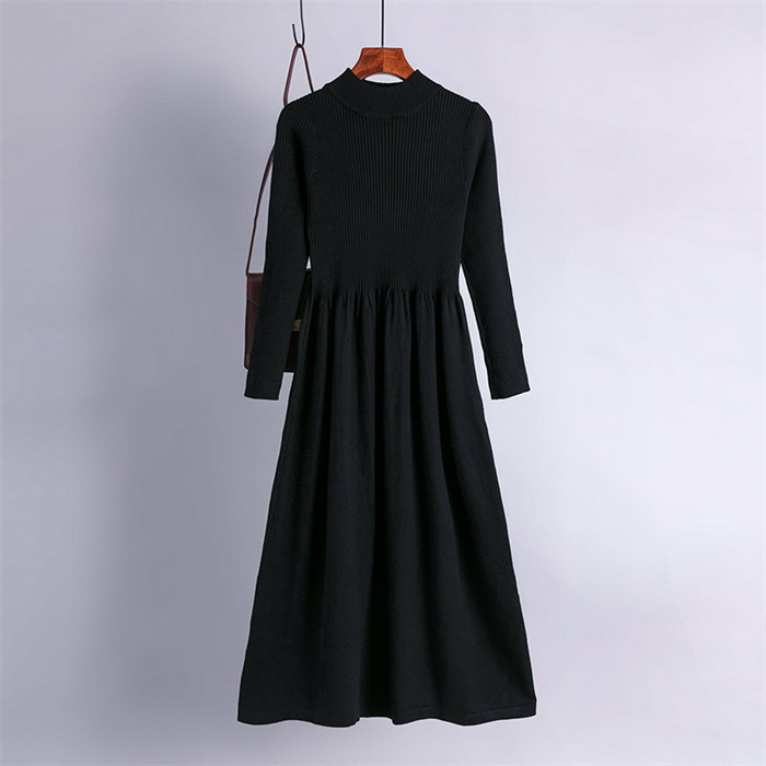 <br>ニットワンピース リブニットワンピース ワンピース レディース リブ ニットワンピ マキシ丈 ボタン Aライン きれいめ 上品 大人 ブラック 2023秋冬新作  秋冬 ハイネック 長袖 ブラック きれいめ ハイウエスト プリーツ 体型カバー 送料無料