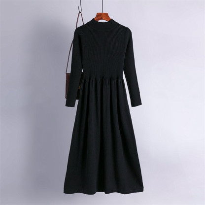 <br>ニットワンピース リブニットワンピース ワンピース レディース リブ ニットワンピ マキシ丈 ボタン Aライン きれいめ 上品 大人 ブラック 2023秋冬新作  秋冬 ハイネック 長袖 ブラック きれいめ ハイウエスト プリーツ 体型カバー 送料無料