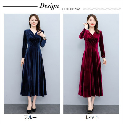 <br>ロングワンピース ベロア レディース ワンピース ベルベット ベロアワンピ 長袖 ロング丈 大きいサイズ 体型カバー あったか 暖かい Vネック ミモレ ゆったり カジュアル 大人 着痩せ 30代 40代 50代 春 秋 冬 きれいめ 無地 送料無料
