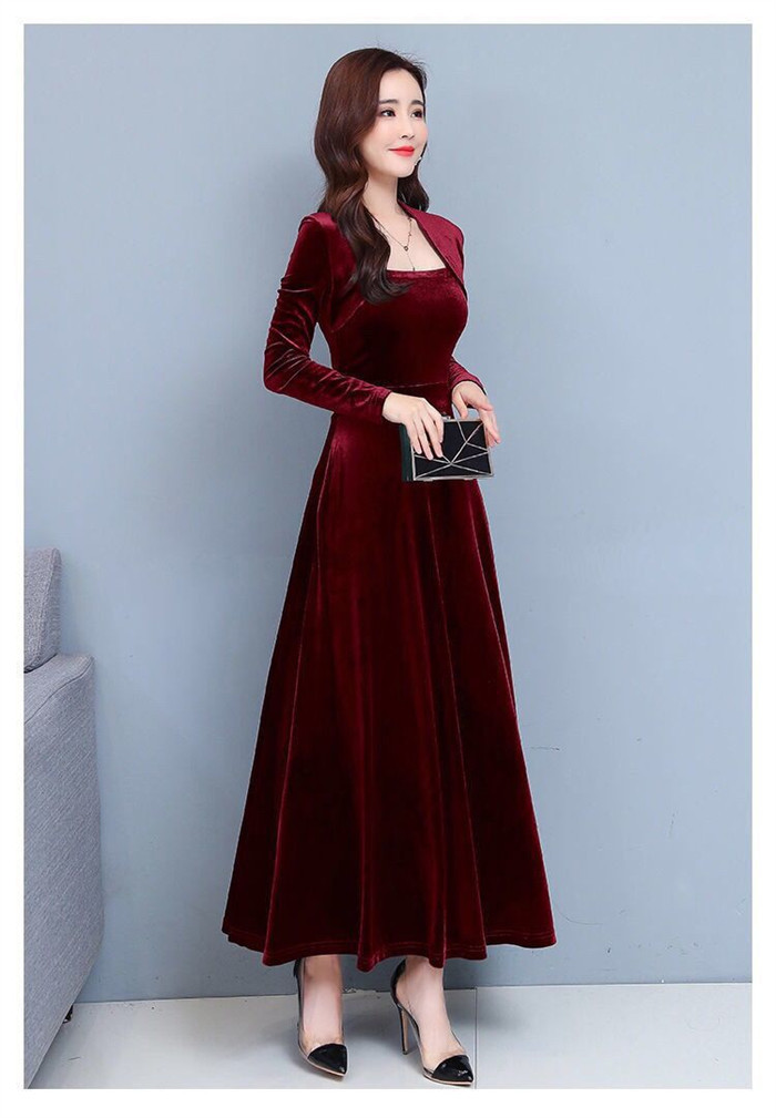 <br>ベロアワンピース ワンピース ベロアワンピ ロング丈 ベルベット 長袖 ドレス パーティードレス クラブ Aライン スレンダーライン 秋冬 無地 カラードレス 大人 フォーマル 結婚式 ステージドレス 披露宴 ロング 厚地 大きいサイズ 着痩せ きれいめ 送料無料