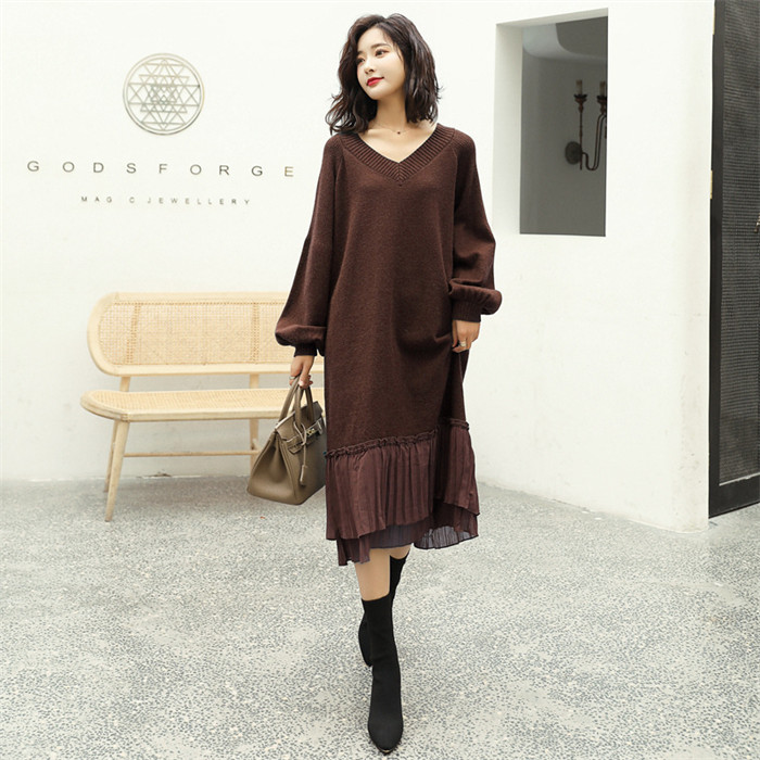 <br>ニットワンピース ニット ワンピース レディース 秋冬 春 vネック 長袖 パフスリーブ ブラック きれいめ 厚手 ゆったり 大きいサイズ マタニティ 裾 切り替え プリーツ ロング丈 体型カバー 上品 送料無料 プリーツ 送料無料