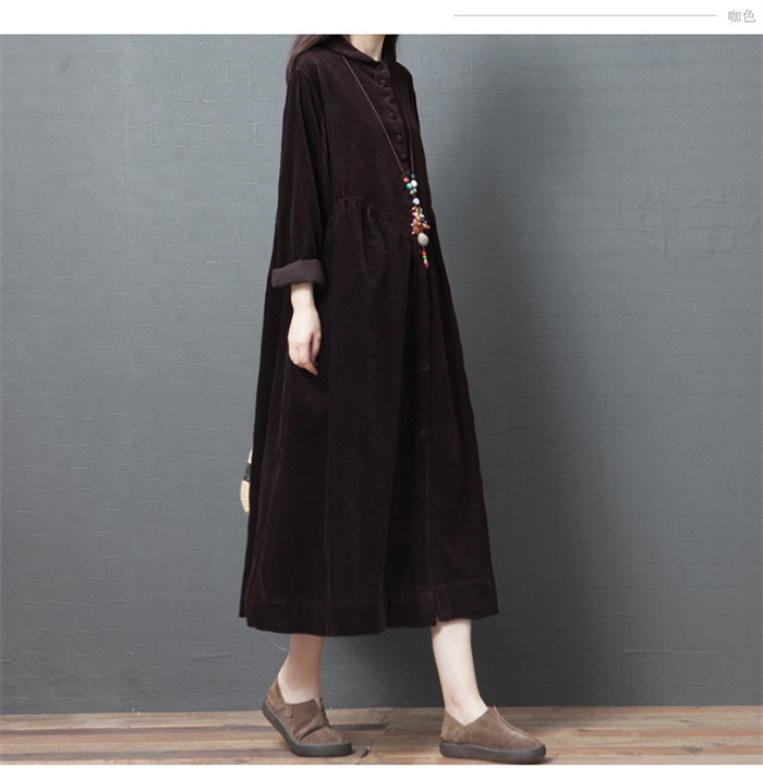 <br>ロングワンピース コーデュロイ レディース ワンピース コーデュロイワンピ 長袖 ロング丈 大きいサイズ 体型カバー ぽわん袖 あったか 暖かい Uネック ミモレ ゆったり カジュアル 大人 着痩せ 30代 40代 50代 春 秋 冬 きれいめ 無地 送料無料