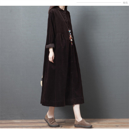 <br>ロングワンピース コーデュロイ レディース ワンピース コーデュロイワンピ 長袖 ロング丈 大きいサイズ 体型カバー ぽわん袖 あったか 暖かい Uネック ミモレ ゆったり カジュアル 大人 着痩せ 30代 40代 50代 春 秋 冬 きれいめ 無地 送料無料