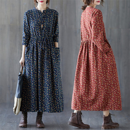 <br>ロングワンピース 秋冬 長袖 レディース きれいめ 大きいサイズ 秋 冬 ワンピース 4colors ロング丈 綿 コットン 体型カバー ロングワンピ 総柄 花柄 ミモレ ゆったり カジュアル 大人可愛い 日常 通勤 通学 着痩せ 秋 冬 送料無料